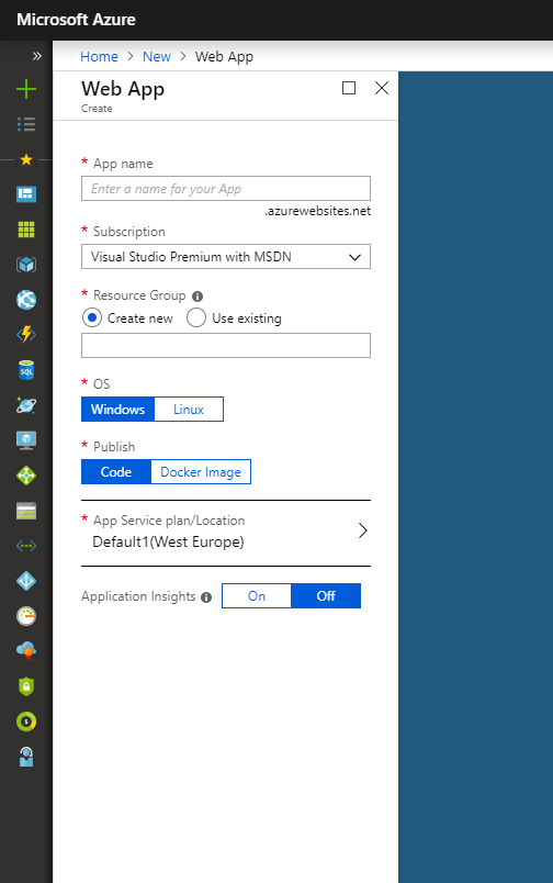 Creating new web app in Azure